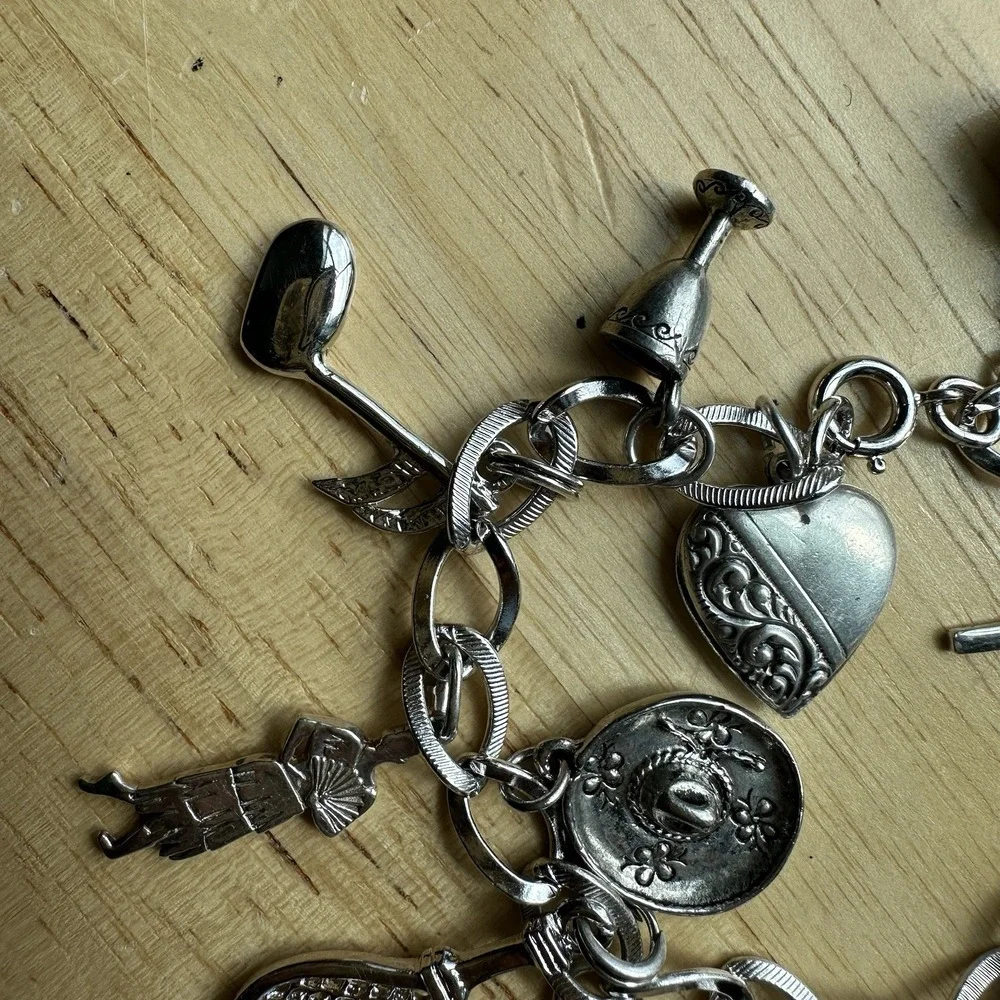 VTG Charm‎ Bracelet 6.5 Inch Sport Western Cross Heart Travel 925 Sterling 37.6g